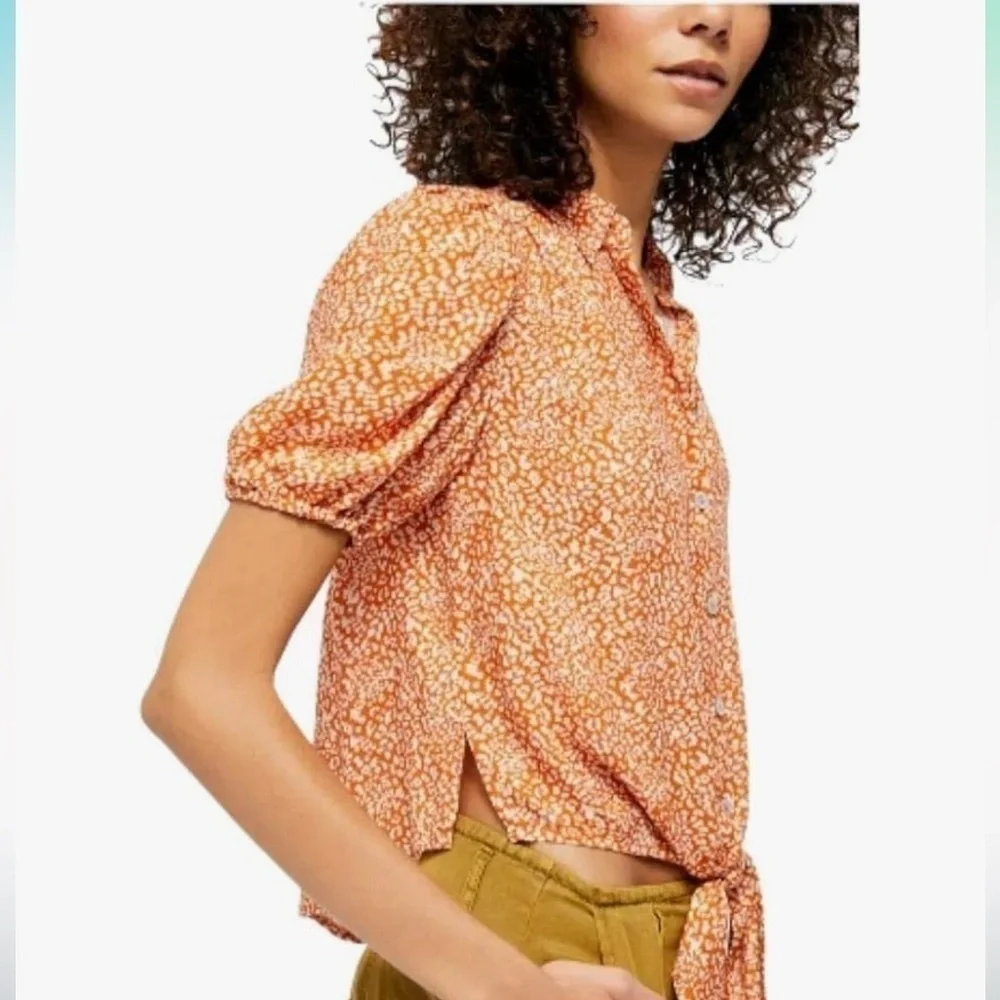 Free People Celia Printed Tie-front Blouse In Rust Combo SZ XS